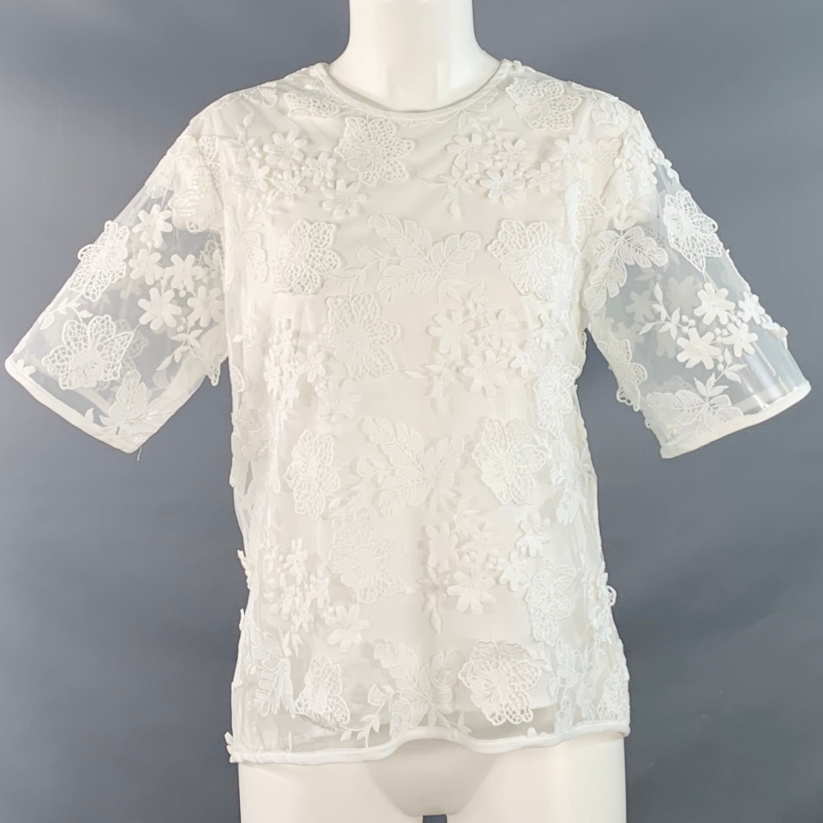 Cynthia Rowley Xs White Polyester Blend Lace Oversized Short Sleeve Dress Top